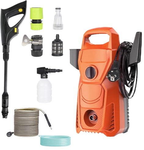 Hochdruckreiniger Max 135Bar, Tragbar Leistungsstarker Strahlreiniger, 1500W, 350L/h, Schlauch 1,8 m/10 m und Schnellkupplung, Schaumkrug, 1.5M Elektrokabel, Haus, Garten＆Auto (Orange)