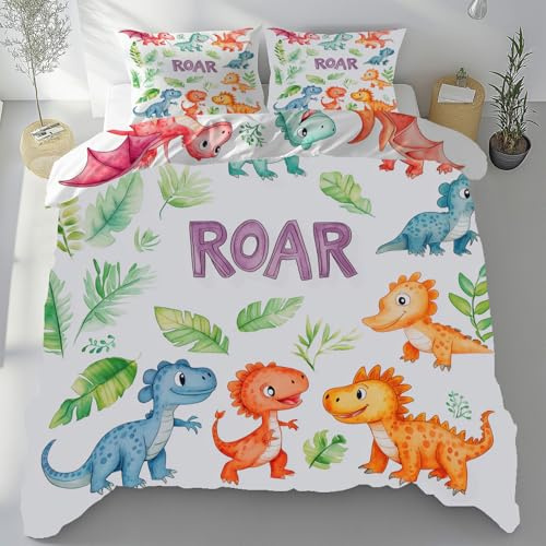 Meugesoi Dinosaure Housse de Couette 90x190 cm Faune Jurassic Parure de Lit Enfant Feuille Jungle Housse de Couette en Microfibre avec Fermeture Éclair et 1 Taie d'oreiller 65x65 cm