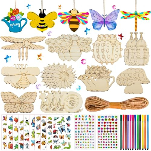 276 Pcs Holztiere Bastelset, Basteln Kindergeburtstag, Holz Basteln Kinder, Kinder Bastelset, mit 30 Holzklötze 30 Schnur 202 Strasssteine 12 Stifte 2 Aufkleber