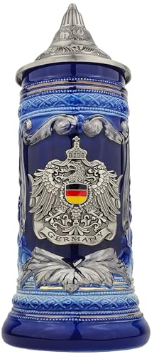 EVERSTYLE Bierkrug mit Deckel 0,7L – Klassischer Steinkrug mit Spitzdeckel & Metallmontur – Deutschland Motiv – Geschenkidee für Männer, Vater & Bierliebhaber (Blau)