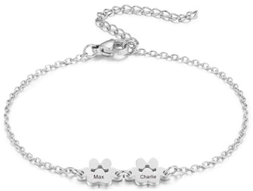 MeMeDIY Personalisiertes Pfotenabdruck Armband für Frauen Graviert mit 1-5 Namen für Hunde und Katzen Haustierpfoten Armband Verstellbare Kette Hundeschmuck Gedenkgeschenke für Tierliebhaber