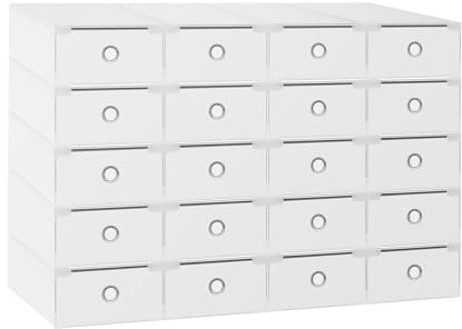 20 PackShoe Organizers Storage Boxes for Closet, Clear Plastic Stackable Storage Bins with Lids, Under Bed Shoe Containers for Entryway, Drop Front Fit UK 9.5