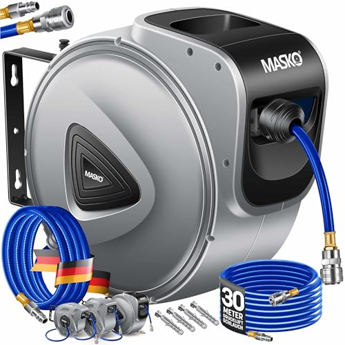 MASKO® Automatik Druckluftschlauch Aufroller 30m – Schlauchtrommel mit 1/4 Anschluss, Schlauchaufroller, Wandhalterung, Tragegriff, 180° schwenkbar, Schlauchbremse, vormontiert & sofort einsatzbereit