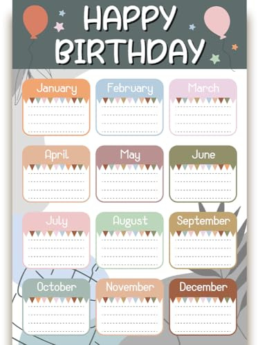 PRESSINART Affiche Anniversaire Ballons Calendrier Anniversaire Ballons Étoiles Style Boho Rappel Mensuel Dates Tableau Mural Panneau Bulletin pour Classe Bureau Maison Événements Décorations