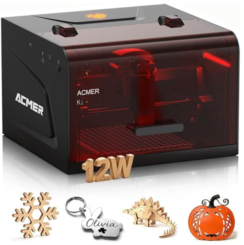 Acmer K1 12W Macchina per Incisione Laser, Classe 1 Piccola Taglierina Laser Chiusa e Sicura, Area di Incisione 150×150 mm, Precisione di 0,01 Mm. Per Il Fai da Te Su Legno, Metallo Rivestito, Pelle