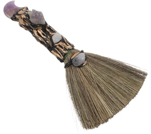 TOGEVAL Escoba de Mano Pequeña de Miscanthus Adorno de Cristal de Amatista Natural en Forma de Luna Escoba de Escritorio para Limpieza Precisa de Interiores y Decoración Mágica para