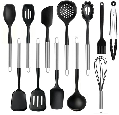 Set di utensili da cucina, 12 pezzi,strumenti da cucina in silicone | con manico in acciaio inossidabile, spatola, cucchiaio mestolo, resistente al calore e antigraffio, per pentole