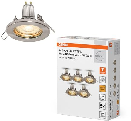 OSRAM Luz empotrada de techo níquel cepillado, blanco cálido | Spot Essential, Spot lights and ceiling spots, Azul| gris, 80 mm dia, 25000 h, Paquete de 5