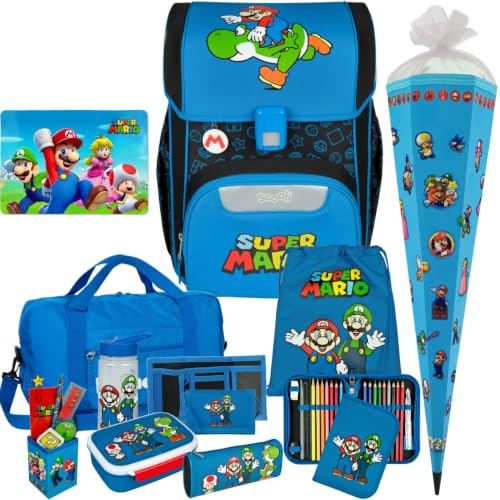 Pridera Scooli Schulranzen 1.Klasse Jungen EasyStart Schulranzen-Set geeignet für Super Mario-Fans (12tlg.mit Sporttasche Brotdose Trinkflasche Lernuhr Stifteköcher passend Platzdeckchen Schultüte)