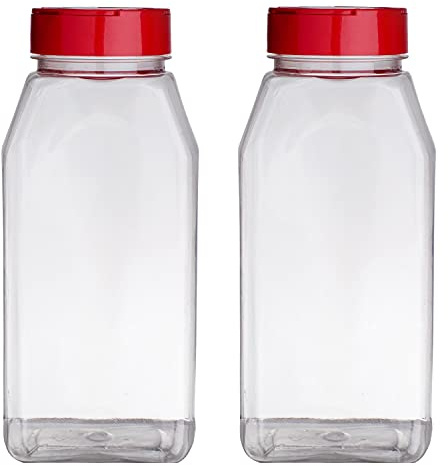 Skyway Supreme Large 32 OZ Clear Plastic Spice Bottles Jars Containers - Set of 2 - Flap Cap Pour and Sifter Shaker Durable Refillable Perfect For Storing and Dispensing Herbs and Spices - BPA Free