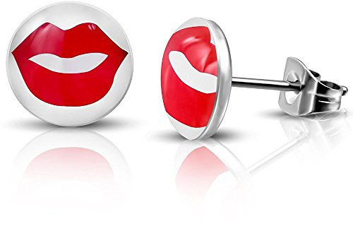 Bungsa Lippen Ohrstecker silber rot weiß 7mm - 1 Paar Edelstahl (Ohrringe Ohrschmuck Ohrklemmen Damen Frauen Herren Lips Sexy Liebe Heart Love Mode Studs Earrings)
