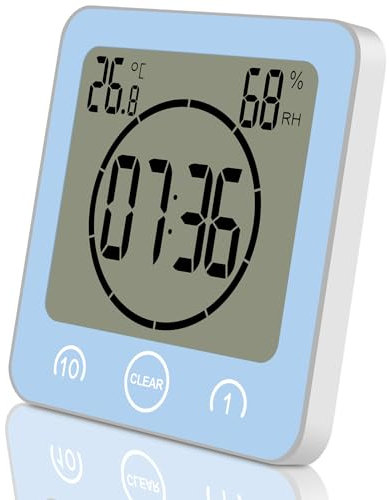 ALEENFOON Digital Badezimmeruhr Duschuhr Wasserdicht mit Saugnapf Thermometer zum Hinstellen Wand Dusche Countdown Timer Digitalwecker Batteriebetrieben Thermometer Hygrometer Innen (Blau)