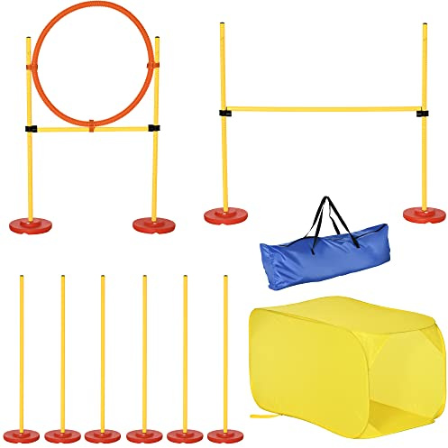 PawHut Conjunto 4 Obstáculos de Entrenamiento para Perro Set de Agilidad para Mascotas Estable Altura Ajustable de Aro con Túnel Postes y Bolsa Transporte Amarillo