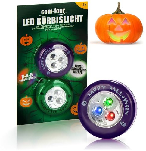 com-four® 2x LED-Licht für Halloween - Farbwechsel, Stroboskop Effekt - Blinkende Kürbis LED Lichter für ausgehölte und geschnitzte Kürbisse - Kürbis-Lampe für Halloween (Set LED - grün + lila)