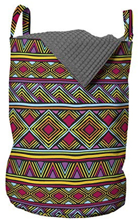 Ambesonne African Laundry Bag, Colorful Diamond Motifs with Angled Lines Lively Palette Geometric Borders, Hamper Basket with Handles Drawstring Closure for Laundromats, 13 x 19, Multicolor