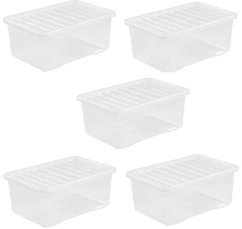 Homey Mart 45 Litre Plastic Storage Box with Clip-On Lid – Stackable, Nestable Crystal Clear Storage Container for Home, Office, Garage, Loft & Toy Organisation - Pack of 5