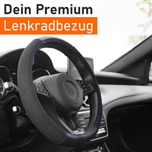 Upgrade4cars Lenkradbezug Schwarz Blau | Lenkradhülle in Leder Optik | Universal Lenkradschutz 37-39 cm | Autozubehör Innenraum Deko | Geschenk für Frauen & Männer