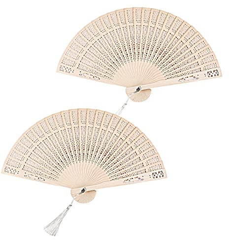 2 Pack Sandalwood Decorative Fan - Vintage Folding Handheld Fan for Wedding & Special Occasions. Wooden and Hollow, Comes With Tassels