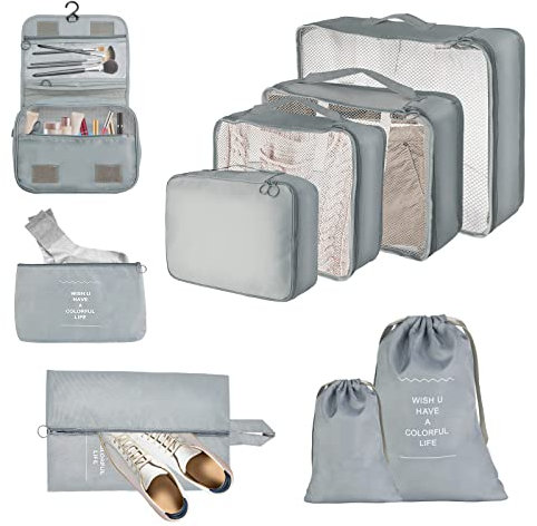 JOPHEK Reise Koffer Organizer Set 9-Teilige Packing Cubes, Multifunktionale Wasserdichte Packwürfel Kompression, Kofferorganizer, Kleidertaschen, Schuhbeutel, Kosmetiktasche für Reisen, Grau