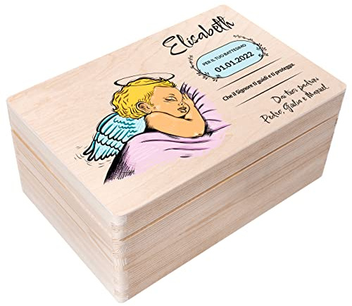 Creative Deco Personalisiert zur Taufe Geschenk für Mädchen und Junge - Engel Motiv Deko | Holzkiste Erinnerungsbox | Individuelle Geschenk Spielzeugkiste Holzbox mit Deckel | Spardose