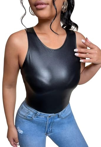 Falainetee Women's PU Leather Round Neck Slim Fit Tank Top Vest Black L