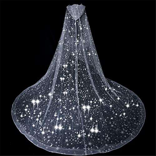ESBANT Lange Kathedrale Pailletten Schal mit Kapuze Schleier for Braut Umhang Bling Braut Hochzeit Cape Sterne Mond die Party