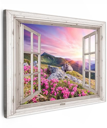 MuchoWow© Leinwände Wall Decoration Bilder Schlafzimmer Deko Pictures | 80x60 cm - Canvas Painting Wanddekoration Wohnzimmer Berge - Landschaft - Fensterblick - Blumen - Abend - Rosa