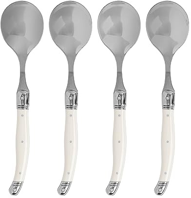 French Home 4er-Set Laguiole Suppenlöffel mit Elfenbeinimitat-Griffen – Edelstahl Löffel – Suppenlöffel Besteck-Set