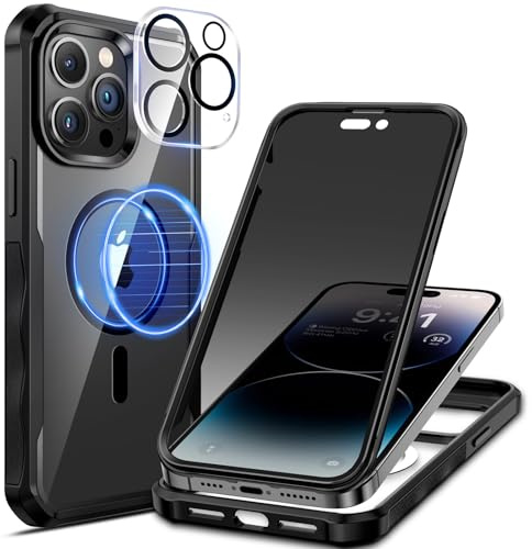 seacosmo Magnetic for iPhone 14 Pro Case with Privacy HD Screen Protector | Compatible with MagSafe, Camera Lens Protector, Full Body Bumper Military-Grade Drop Protection Shockproof Phone Cover, Black