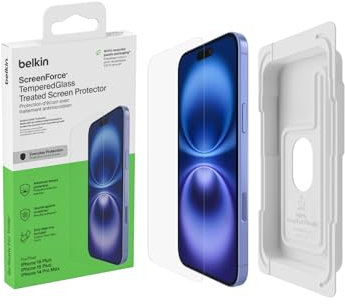 Belkin ScreenForce TemperedGlass antimikrobielle Display-Schutzfolie, Schutzglas für iPhone 15 Plus/14 Pro Max, dünn, kristallklar, kratzfest, Positionierungsschale für eine blasenfreie Applikation