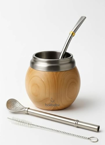 balibetov Yerba Mate Set - Modernes Yerba Mate Gourd Kit - Edelstahl mit Calabash Form und Bombilla - Einfach zu reinigen (Holz)