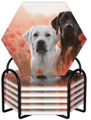 Weißer Labrador-Untersetzer für Getränke, 6 Stück, mit Halter, Keramik-Untersetzer mit Korkboden, Kaffeetasse, Getränkeuntersetzer, hitze- und kratzfest, für Wein, Bier, Bar