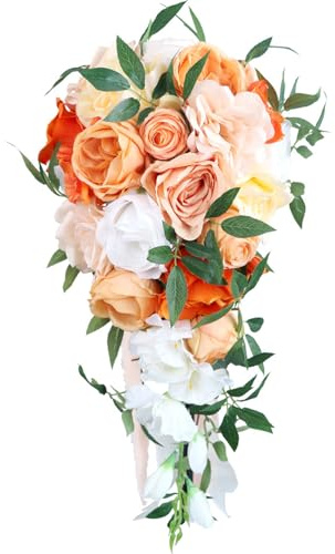 Fouriding Hochzeit Blumenstrauß für Braut,Wasser Tropfen Wasserfall Brautstrauß künstliche Blumen halten Blumen für Zeremonie Jahrestag Hochzeit Dekoration (Champagner Orange)