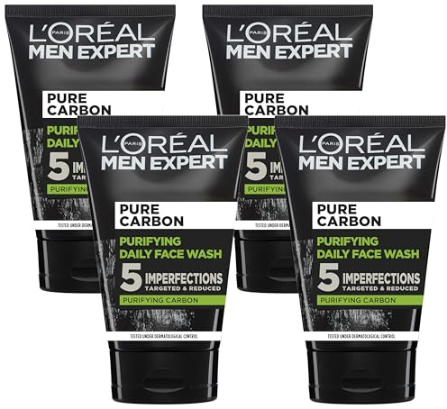 L'Oreal Paris Men Expert Face Wash Pure Charcoal, Glycerin, and Salicylic acid - Blackhead Cleanser for Men, 100 ml (Pack of 4)