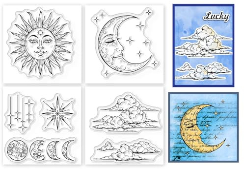 GLOBLELAND 4 Stück Mini Sonne, Mond, Stern, Transparente Stempel Für DIY Scrapbooking, Wolken, Silikonstempel, Siegel, Shinny Star, Transparente Stempel Für Karten, Fotoalbum, Tagebuch, 2.2x2.2 Zoll