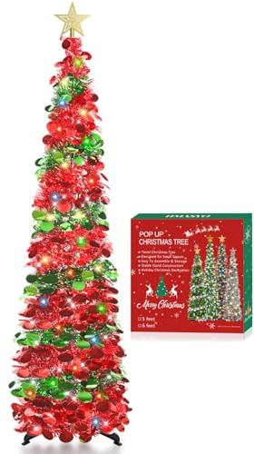 HMASYO Árbol de Navidad desplegable de 1,5 m con luces de temporizador, árbol de Navidad de oropel, árbol de Navidad artificial plegable, decoración de Navidad para interiores, hogar, apartamento