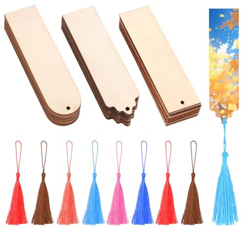 36PCS Blanko Holz Lesezeichen,Holzlesezeichen Rechteck Leere Lesezeichen,Unfertiges Holz Lesezeichens,mit 6 Farben Quasten,für DIY-Basteleien Geschenkanhänger Urlaubsgeschenke