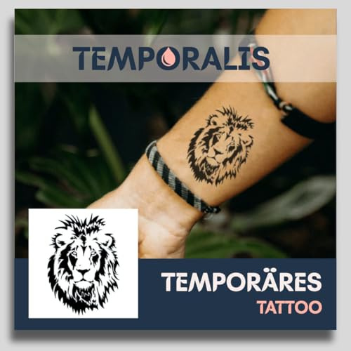 Fake Tattoo Löwen – Temporalis® | Temporäre Tattoos für Erwachsene – EU-zertifizierte Kosmetik, vegan & wasserfest – Hält 1 bis 2 Wochen [ Löwenkopf ]