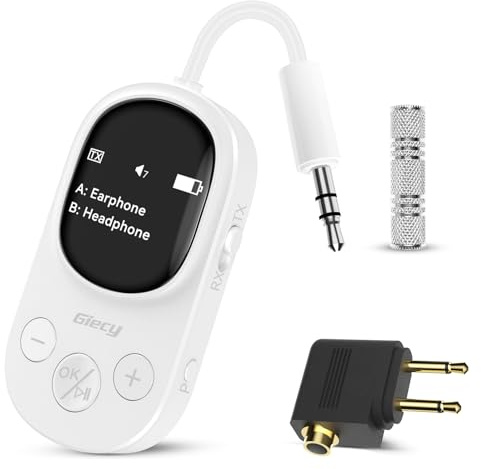 Giecy Bluetooth Adapter 2 in1 Sender Empfänger Klinke 3,5,Anschluss mit OLED-Display für Flugzeug,Dual-Verbindung, aptX Low Latency, Drahtloser Audio-Adapter für 2 AirPods,TV, MP3, Kopfhörer (Weiß)