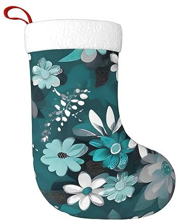 Rqmphugncf Weihnachtsstrumpf mit Blumenmuster, Blaugrün, Grau und Weiß, dekorative Socken für festliche Feiertagsdekorationen, Treppen, Kamin, zum Aufhängen