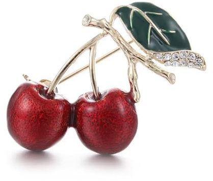 1 x grüne Emaille-Brosche mit Kirsche für Damen, Kleidung, Accessoires, Party, Obst, Broschen, Metall Edelstein Holz, Zirkonia Achat Obsidian