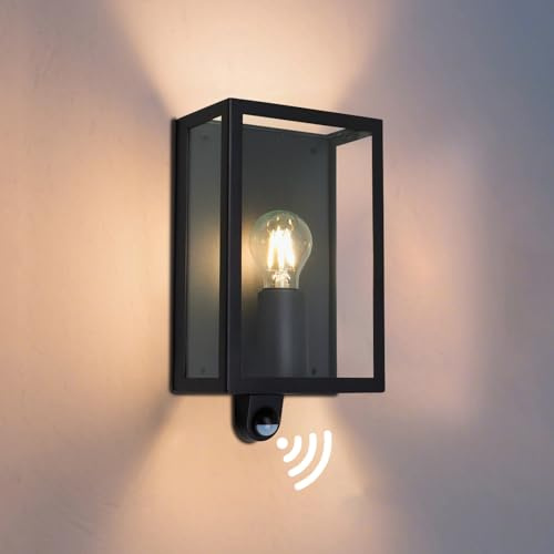MULANDI 25W Außenlampe mit Bewegungsmelder, IP54, 50-20000 lux, Stoßfestigkeit IK04, Aussenlampe Wand mit Bewegungsmelder, ΔE < 1,5, Glas klar, E27 Anschluss ohne Leuchtmittel, Metall-Schwarz