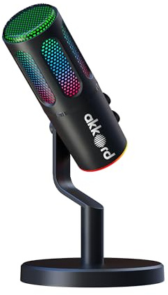 AKKORD Micrófono condensador USB con luces RGB, monitoreo en tiempo real, cancelación de ruido, micrófono USB-C Plug & Play para PC, Mac, Android, iPad, ideal para podcasting, juegos y transmisión