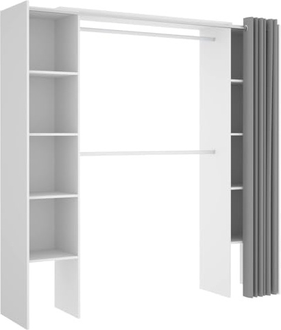 Vicawu OFFENER KLEIDERSCHRANK MIT VORHÄNGEN BASTET - Weiß Offene Garderobe mit 2 Säulen und Vorhang. 2 Kleiderstangen. 10 Regale. Verstellbare Maße.