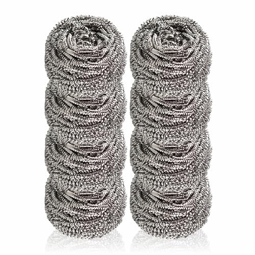 Stainless Steel Scouring 8 Piece Metal Scourers Cleaning Pad Scrubber Wool Wire Sponge Scourer Head Refills Remove Tough Food Stains Dish Washing Grease BBQ Grill Pan Pot Oven Plate Home Kitchen