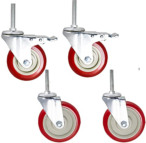 Ruote girevoli M12 x 60 mm, resistenti, 500 kg, in poliuretano silenzioso, con freno, per carrelli industriali, ponteggi, banco da lavoro, set di 4 pezzi, design a filettatura lunga per una maggiore
