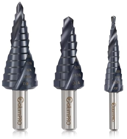 ColumPRO 3PCS Cobalt Step Drill Bit Set for Stainless Steel & Hard Metal,M35 HSS Unibit with TiAlN Coating,Spiral Flute Design,1/8-1/2, 1/4-3/4, 3/16-7/8 for Iron, Aluminum, and Alloy Drilling