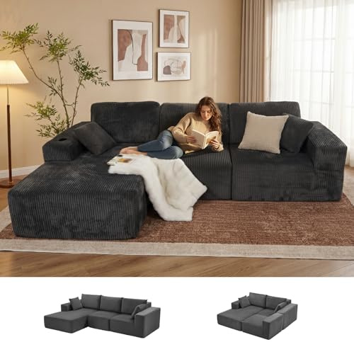USOR 109 Sectional Couches for Living Room, Modular L-Shape Cloud Couch with Chaise, Boneless Couches for Bedroom,Comfort Sponge Sofa with Deep Seat and Side Pockets (Gray, Left Facing Chaise)