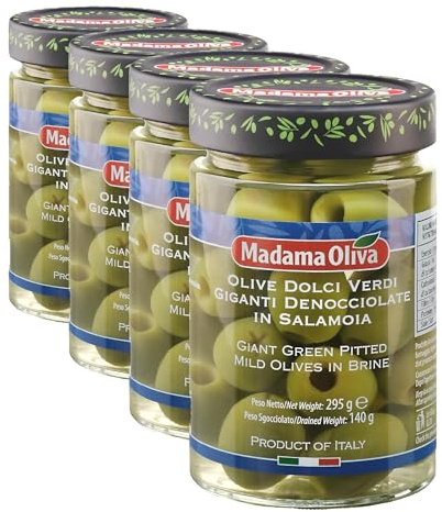 MADAMA OLIVA, Olive Verdi Dolci Denocciolate in Salamoia dal Colore Verde Intenso e dal Gusto Tipico, Senza Conservanti Aggiunti, 100% Vegetale, Vaso in Vetro da 300 gr (Confezione da 4)