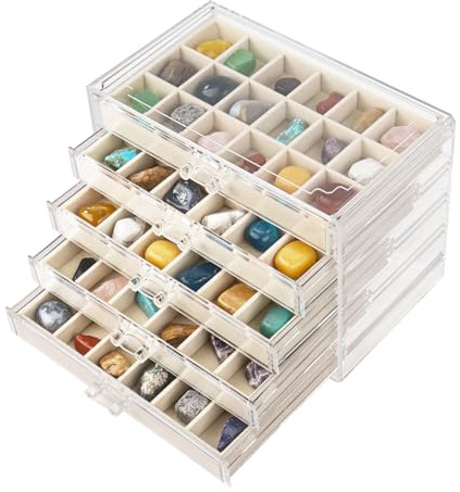 Dmnnlp Rock Vitrine, Acryl Rock Sammelbox, 5 Etagen 90 Fächer Gemstone Collection Box, Aufbewahrungsbox mit Fächern für Gemstone Mineralien Fossil Kristalle Kleine Sammlerstücke Edelsteine(Beige5)